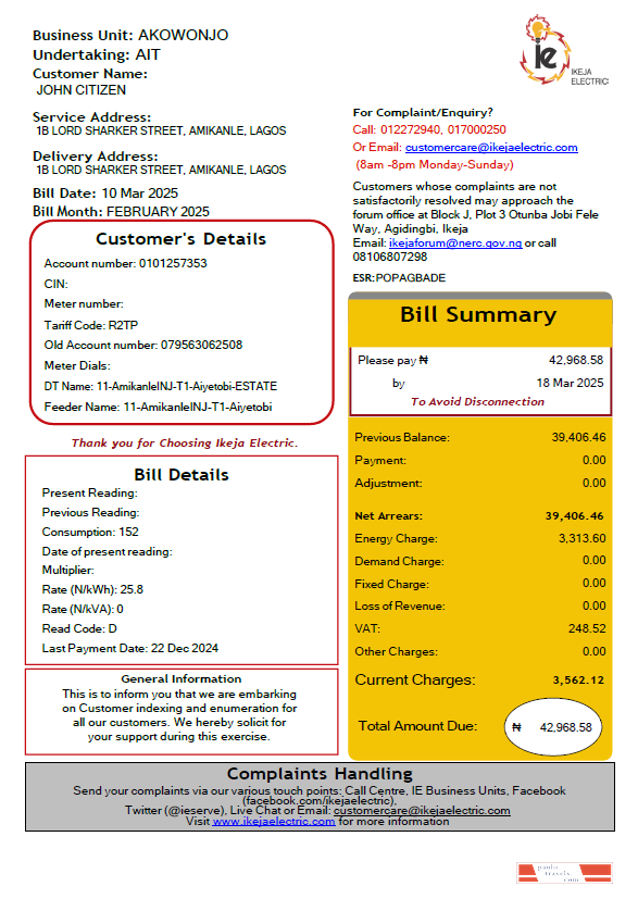 Nigeria IKEJA Electric utility bill template in Word and PDF formats